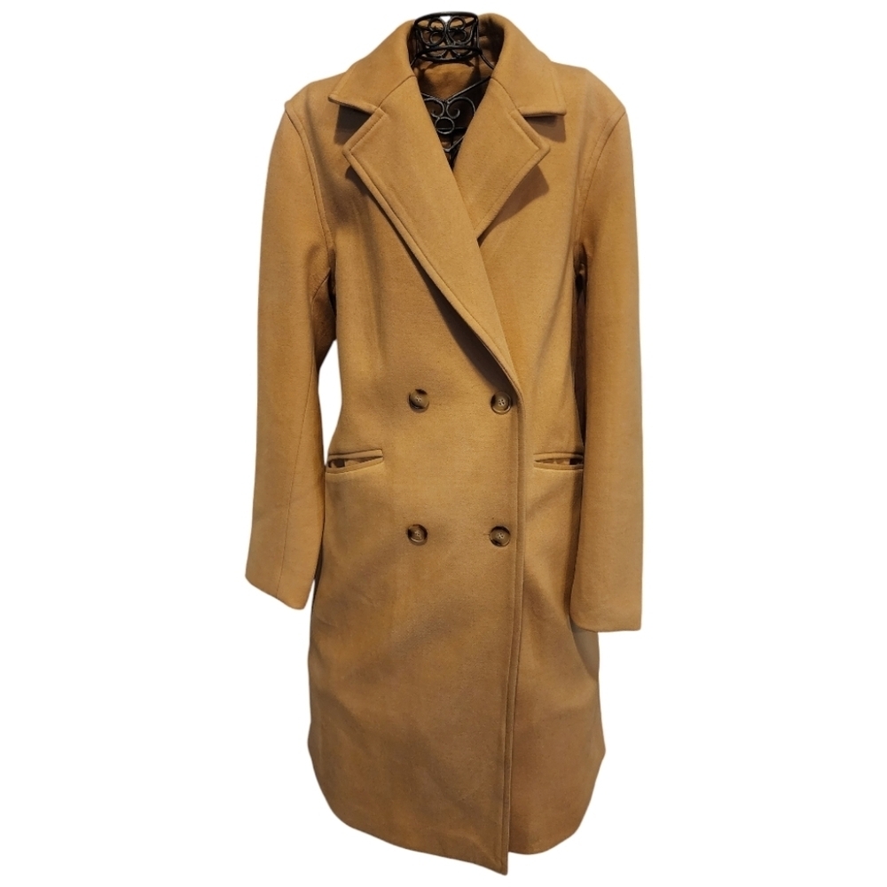 On Trend Camel Double-Breasted Long Coat Small Notch Lapel Fully Lined Classic